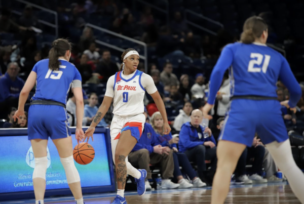 Taylor Johnson-Matthews looks for a pass on Sunday, Feb. 23, 2025, at Wintrust Arena. DePaul is playing their last game of the regular season today against St. John's. 